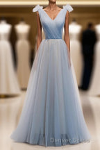 Simple Blue V Neck Tulle Long Prom Dresses, Blue Formal Dresses