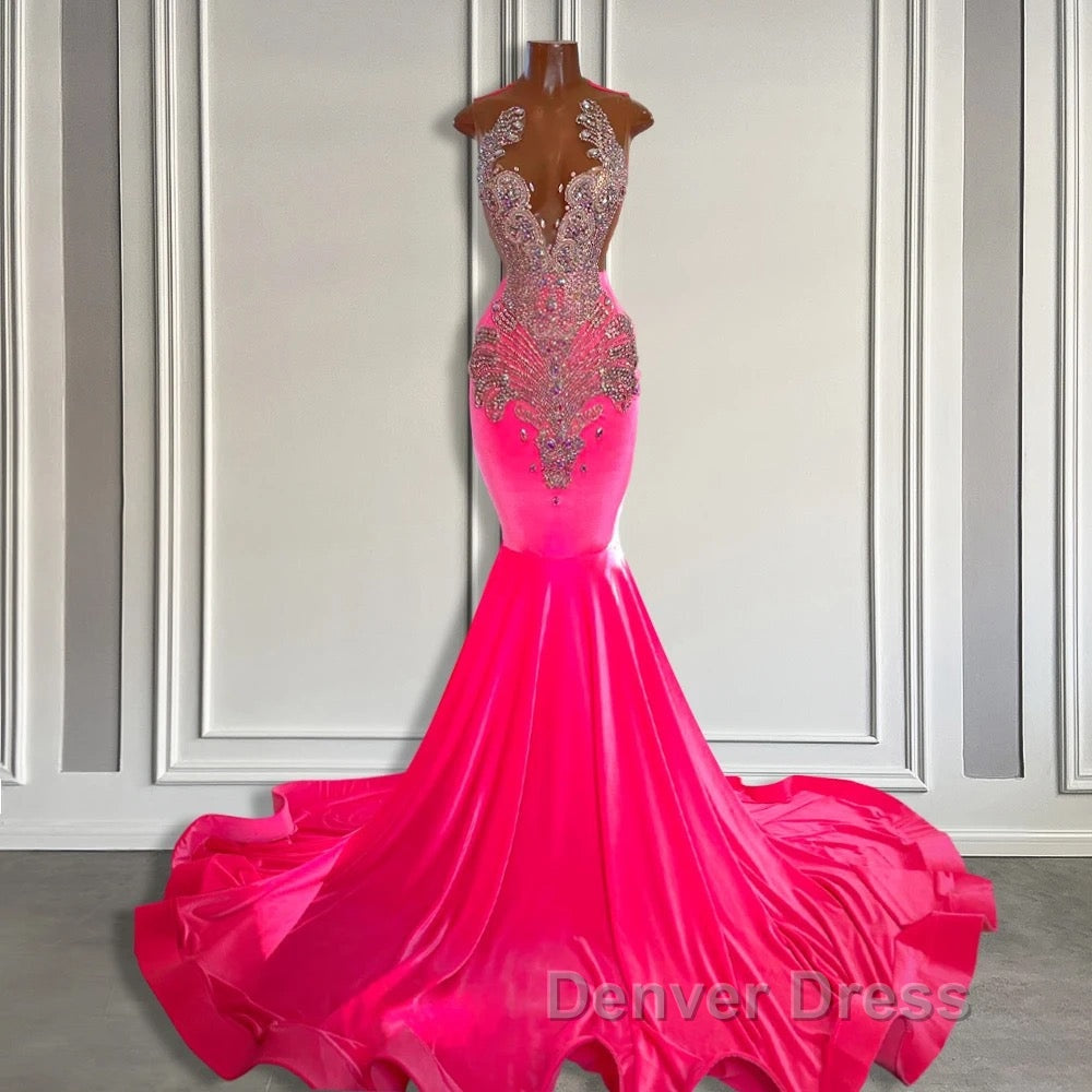 Sleeveless Velvet Mermaid Style Dresses with Beadings in Pink Barbie Color Secondary image