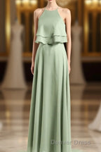 Sage Green Chiffon Halter Ruffle A Line Long Bridesmaid Dresses
