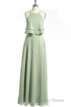 Sage Green Chiffon Halter Ruffle A Line Long Bridesmaid Dresses