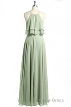 Sage Green Chiffon Halter Ruffle A Line Long Bridesmaid Dresses
