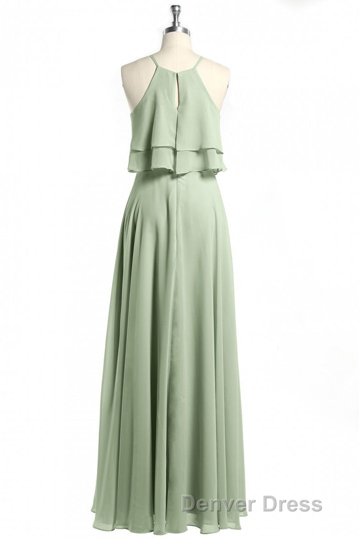Sage Green Chiffon Halter Ruffle A Line Long Bridesmaid Dresses