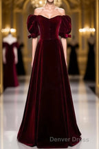 Modest Burgundy Long Prom Dresses with Short Sleeves Vintage Prom Gowns