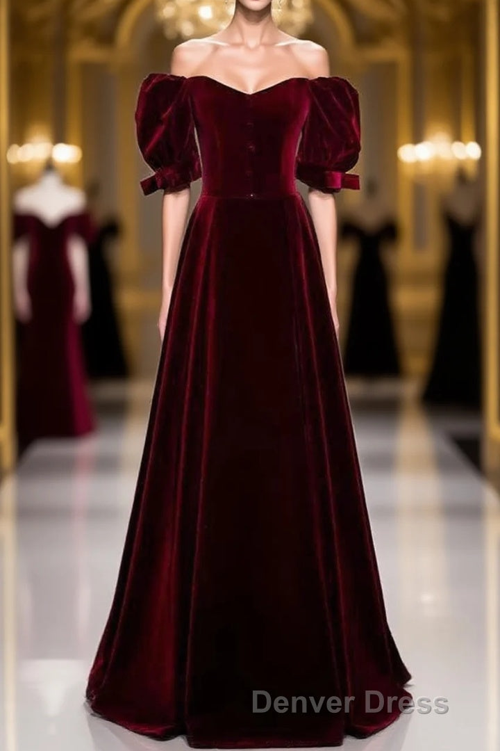 Modest Burgundy Long Prom Dresses with Short Sleeves Vintage Prom Gowns
