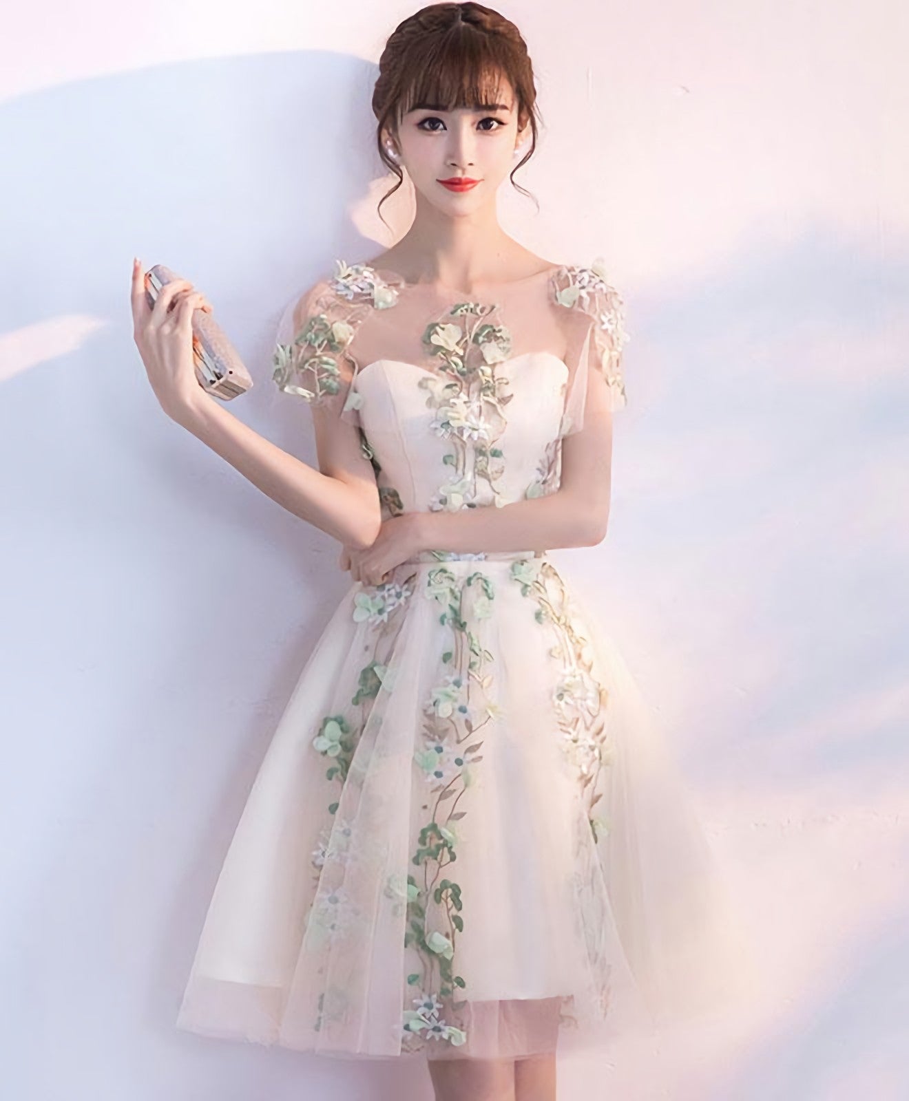 Champagne Tulle Lace Applique Short Prom Dress Homecoming Dresses Main image