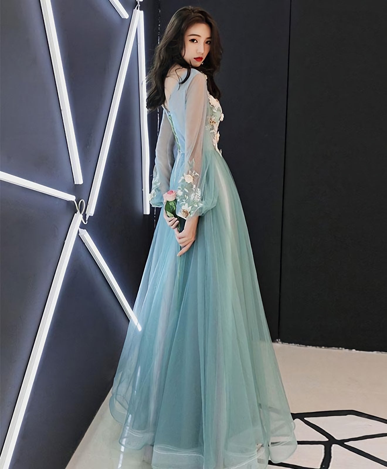 Green Tulle Lace Applique Long Prom Dress Green Prom Dresses 1
