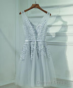 Gray A Line Lace Tulle Short Prom Dresses, Homecoming Dresses