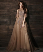Champagne High Neck Tulle Lace Long Prom Dress