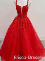 Red Tulle Lace A Line Prom Dress Appliques Long Prom Dresses