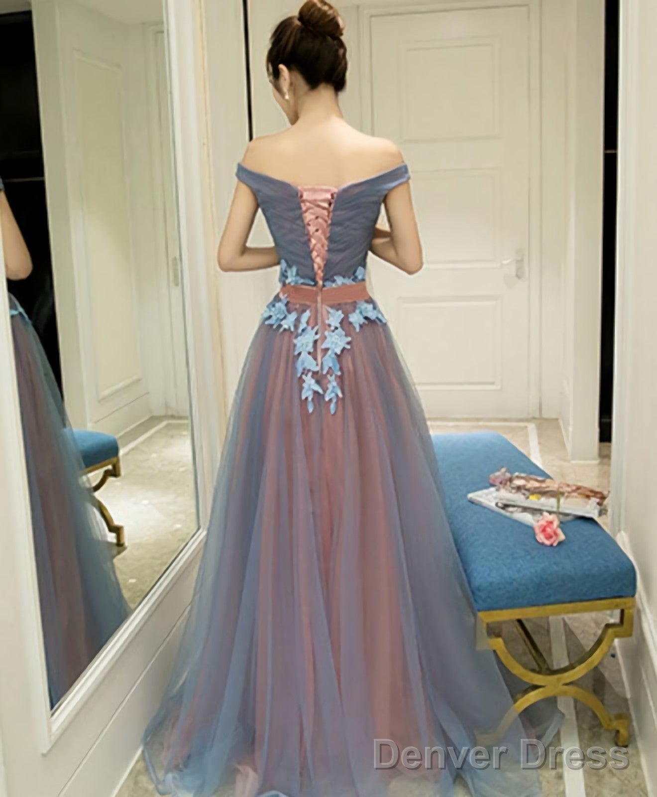 Gray Blue Tulle Off Shoulder Long Prom Dress Gray Blue Prom Dresses