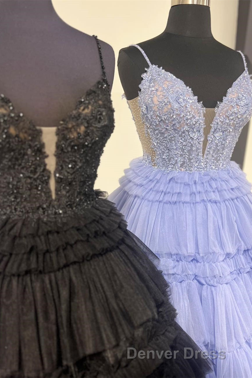 Lilac Floral Layers Spaghetti Straps Lonh Prom Dresses