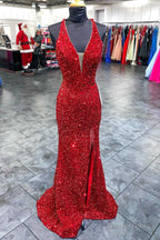 Red Sequin Plunge V Backless Mermaid Long Prom Dresses with Slit