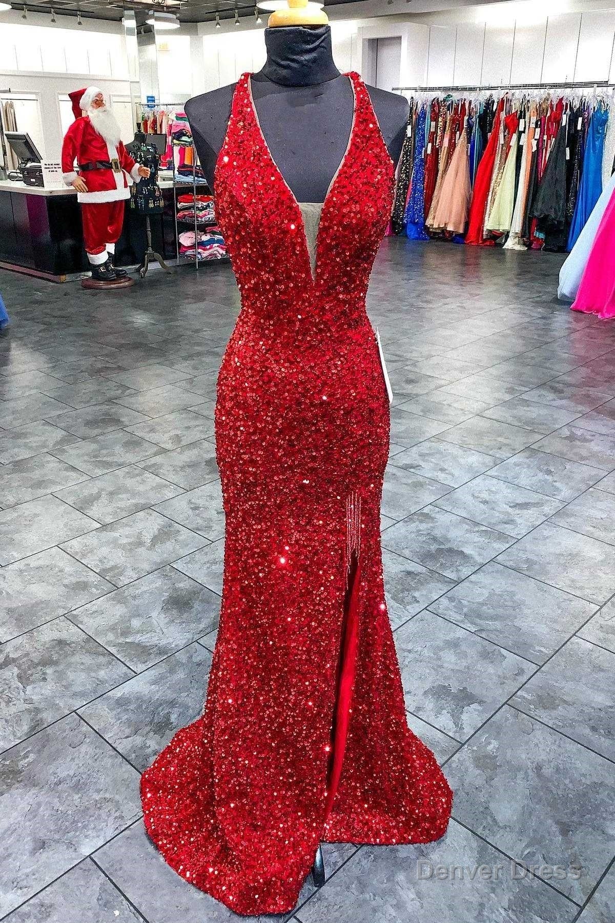 Red Sequin Plunge V Backless Mermaid Long Prom Dresses with Slit