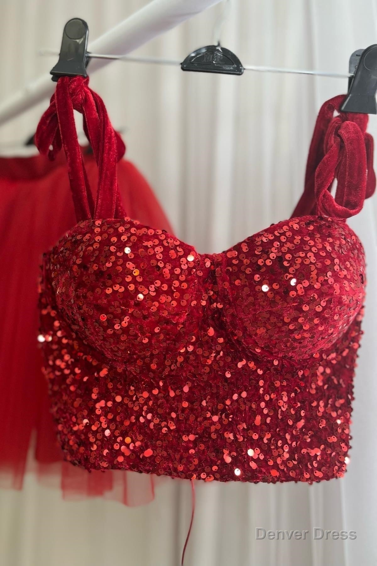 Red Two Piece Sequins Top Bow Tie Straps A Line Homecoming Dresses Secondary image