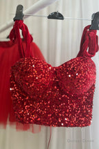 Red Two Piece Sequins Top Bow Tie Straps A Line Homecoming Dresses