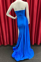 Royal Blue Cowl Strapless Mermaid Satin Long Prom Dress with Slit