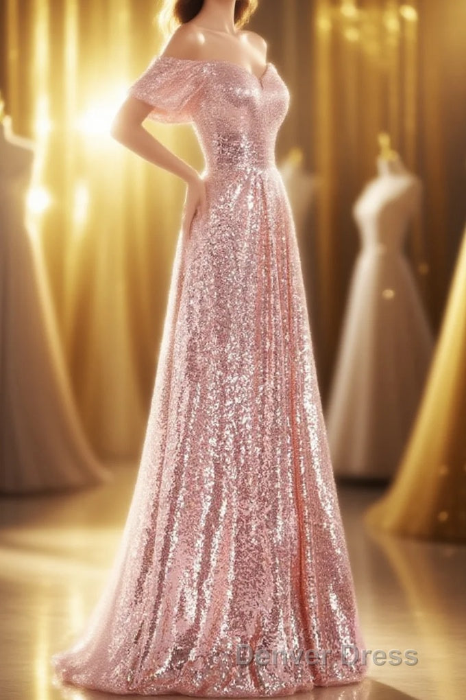 Rose Gold Sequin Off The Shoulder A Line Long Bridesmaid Dresses Main image