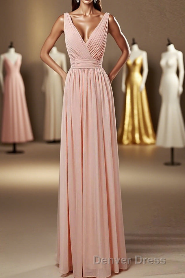Elegant Plush Pink V-Neck Open Back A-Line Long Bridesmaid Dresses Main image