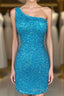 Blue Sequin One-Shoulder Cutout Bodycon Homecoming Dresses
