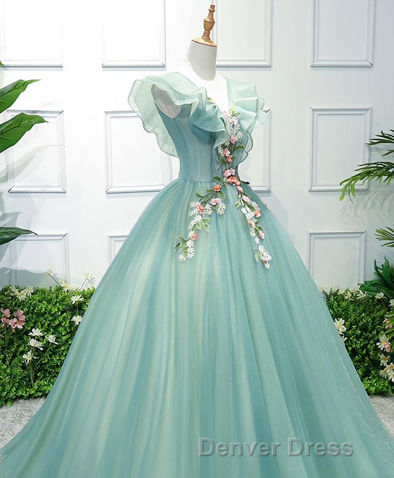 Green V Neck Tulle Long Prom Dress, Green Prom Dresses