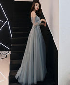 Gray Sweetheart A Line Tulle Lace Long Prom Dress Gray Prom Dresses