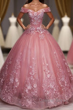 Pink Tulle Lace Off Shoulder Long Prom Dress, Pink Tulle Prom Dresses, 1
