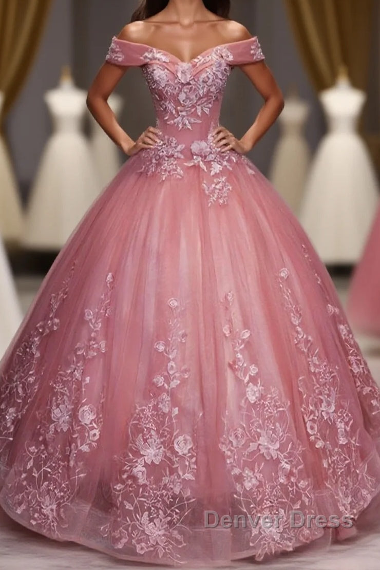 Pink Tulle Lace Off Shoulder Long Prom Dress, Pink Tulle Prom Dresses, 1