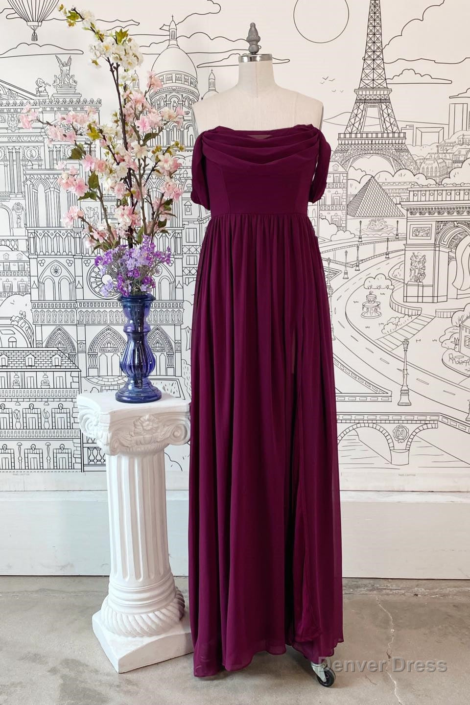 Raspberry Off-the-Shoulder Cowl Neck Chiffon Long Bridesmaid Dress Main image