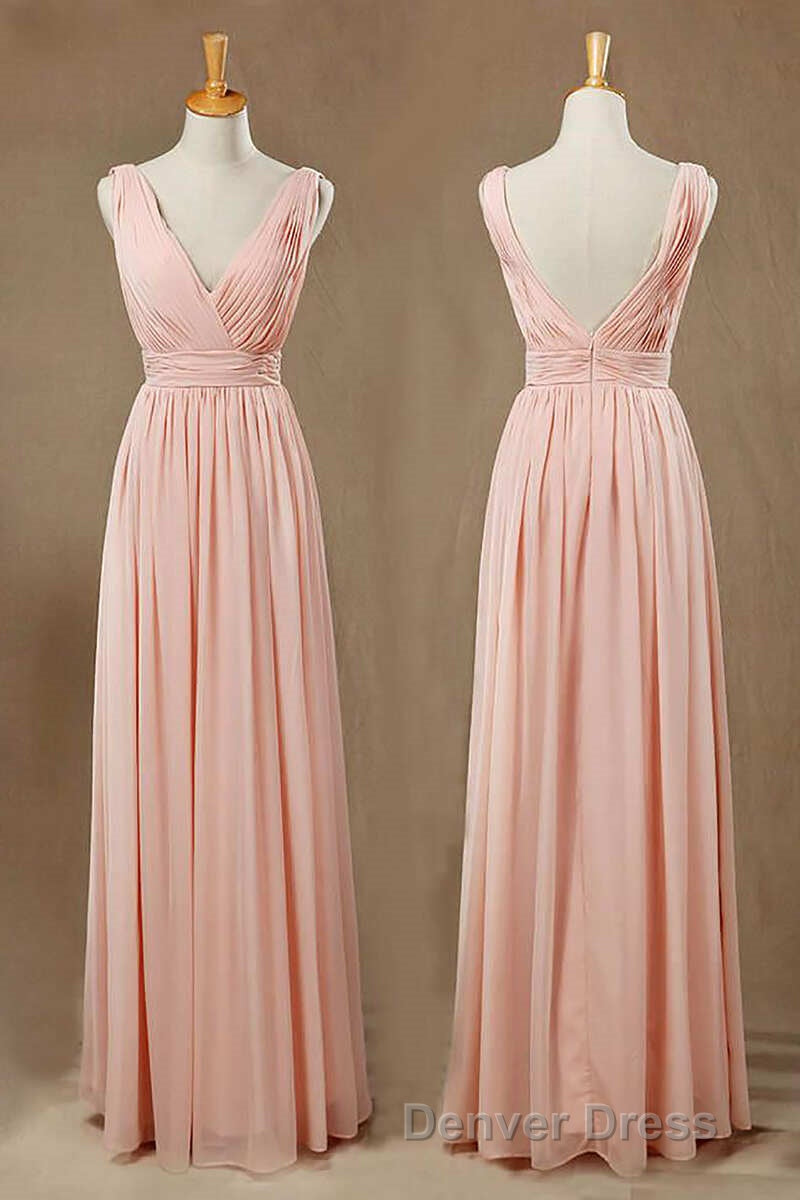 Elegant Plush Pink V-Neck Open Back A-Line Long Bridesmaid Dresses