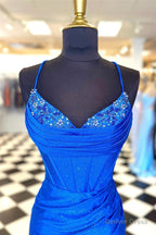 Sparkly Royal Blue Beaded Pleated Sheath Lace Up Homecoming Dresses