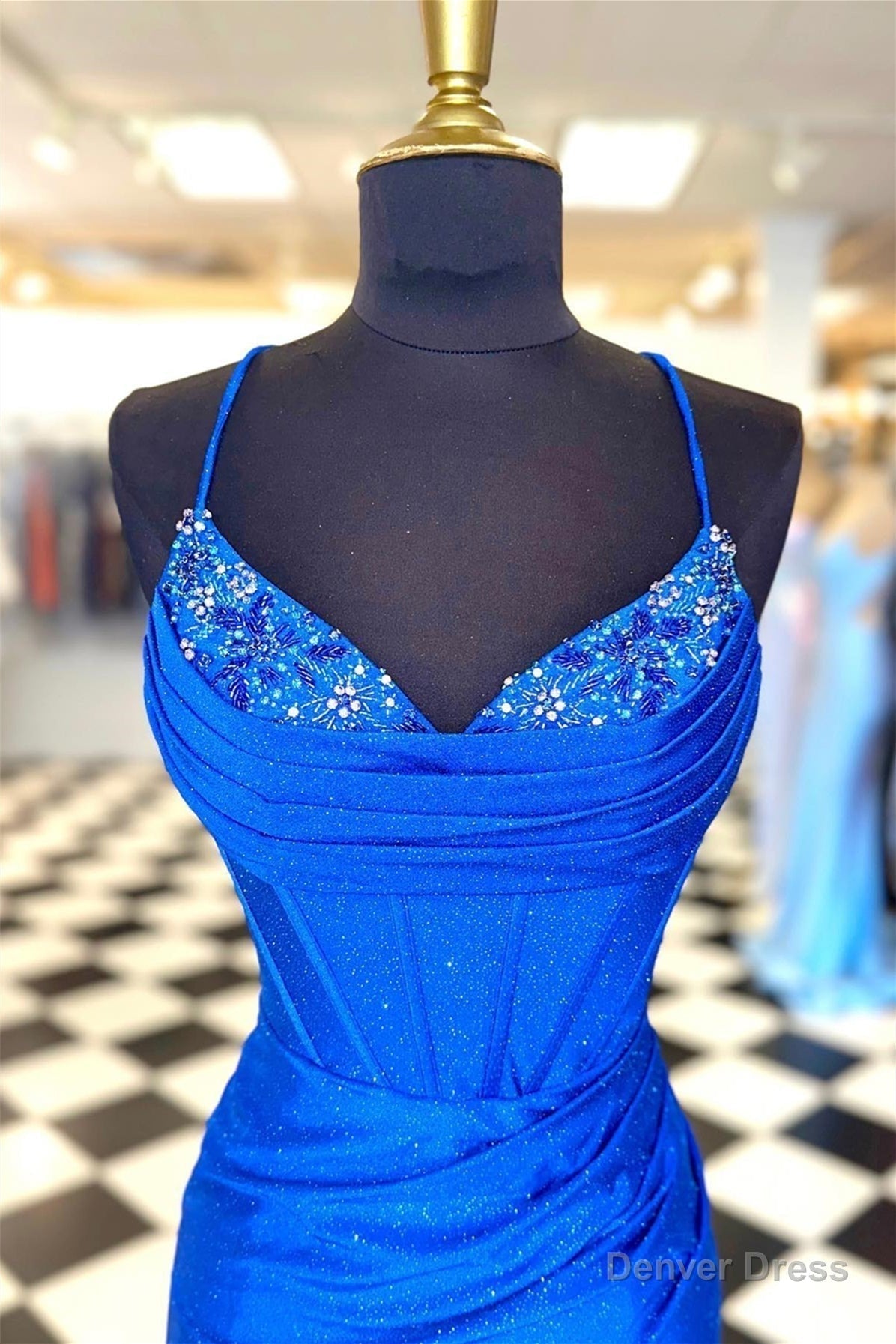 Sparkly Royal Blue Beaded Pleated Sheath Lace Up Homecoming Dresses