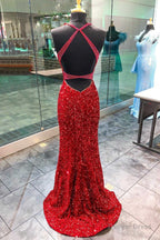 Red Sequin Plunge V Backless Mermaid Long Prom Dresses with Slit