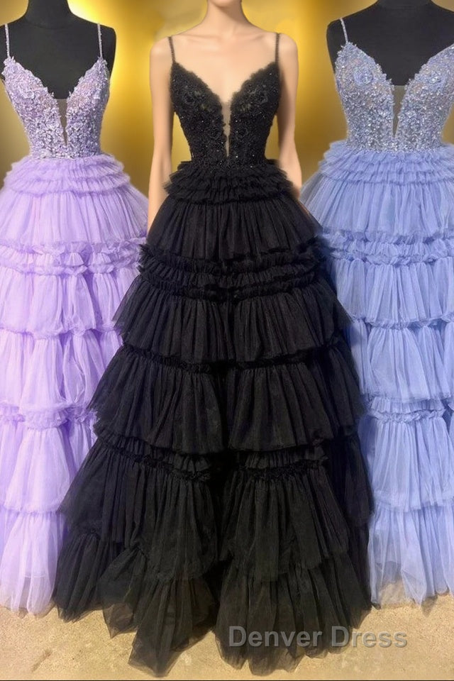 Lilac Floral Layers Spaghetti Straps Lonh Prom Dresses Main image