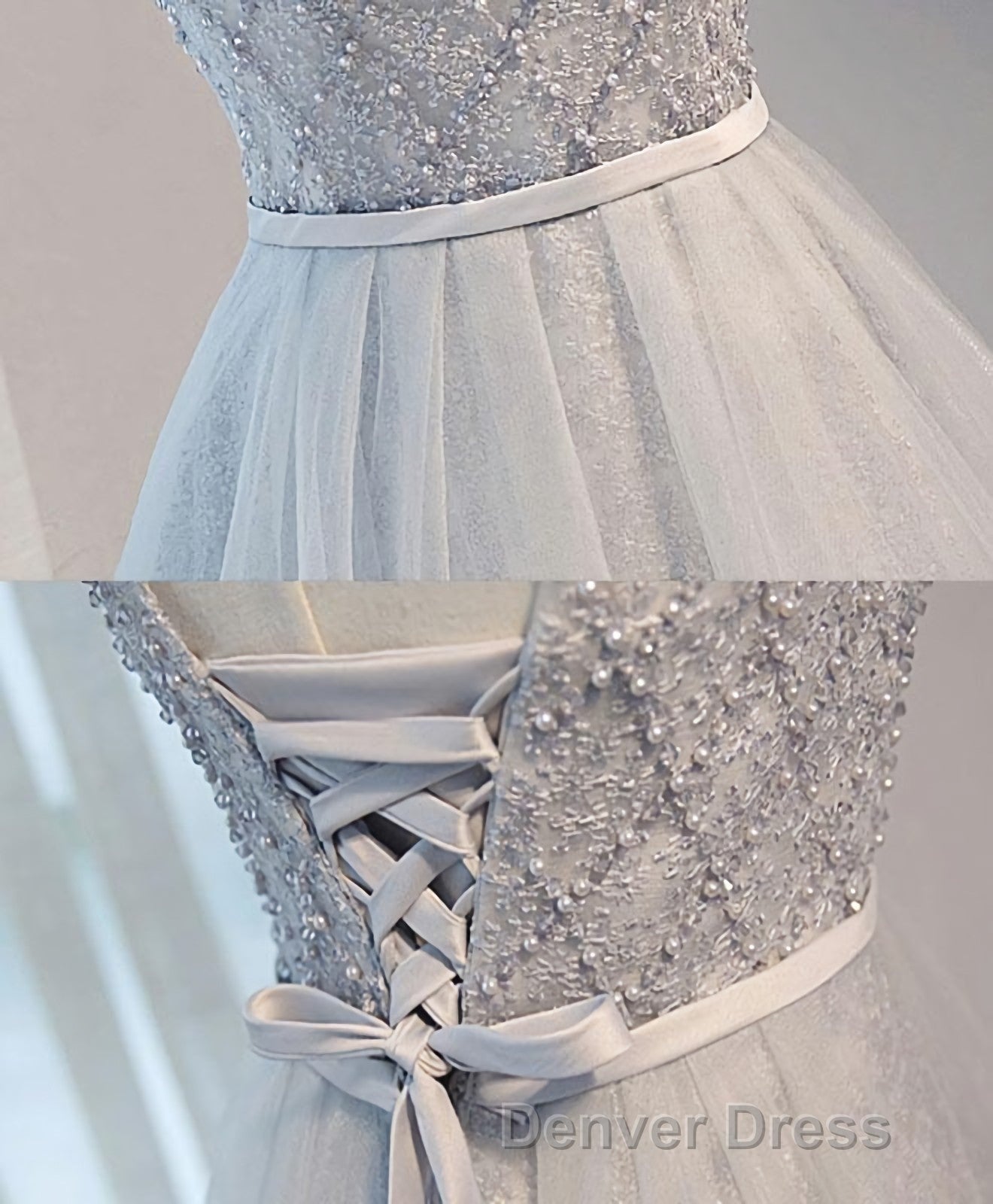 Gray Tulle Beads Short Prom Dresses, Gray Homecoming Dresses