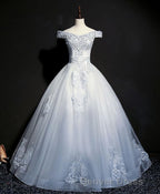 Blue Tulle Lace Off Shoulder Long Prom Dress, Blue Tulle Lace Prom Dresses