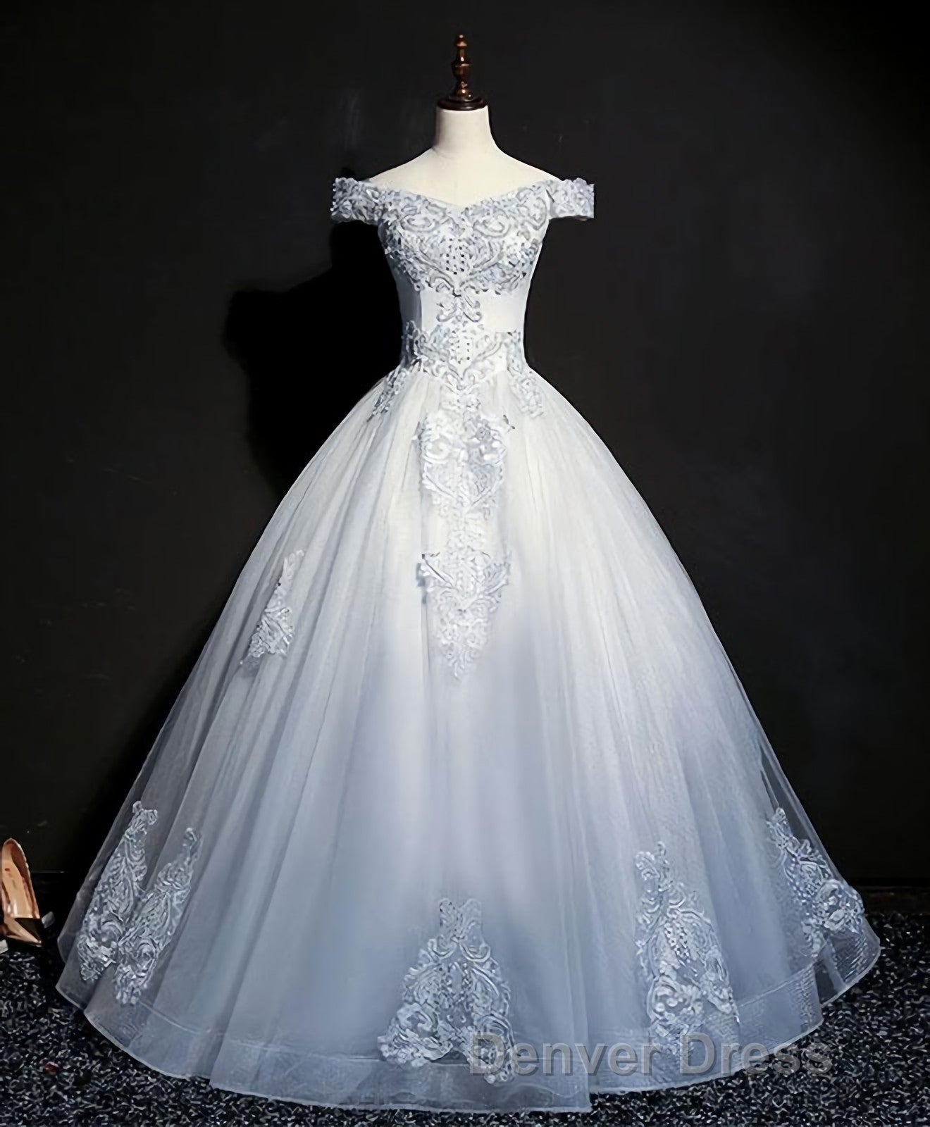 Blue Tulle Lace Off Shoulder Long Prom Dress, Blue Tulle Lace Prom Dresses