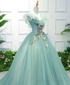 Green V Neck Tulle Long Prom Dresses, Green Evening Dresses