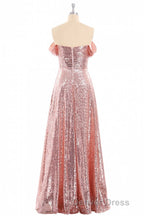 Rose Gold Sequin Off-the-Shoulder A-Line Long Bridesmaid Dresses