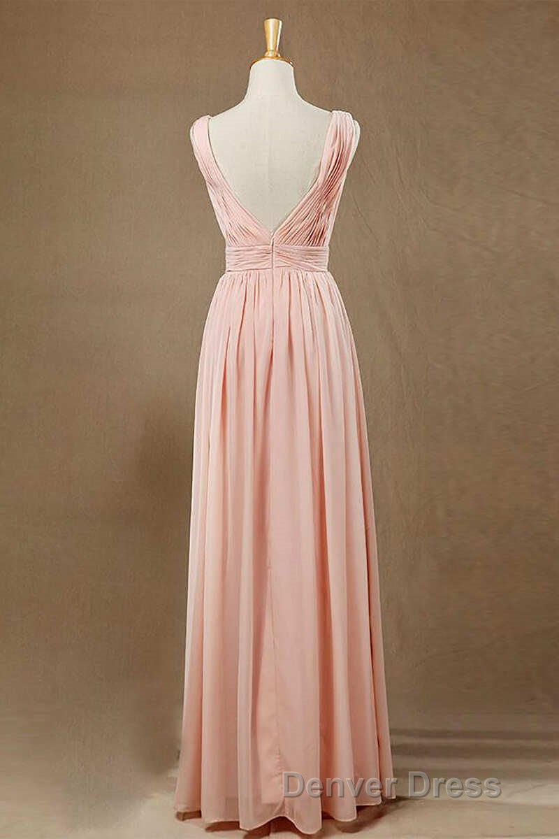 Elegant Plush Pink V-Neck Open Back A-Line Long Bridesmaid Dresses Secondary image