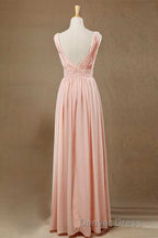 Elegant Plush Pink V-Neck Open Back A-Line Long Bridesmaid Dresses