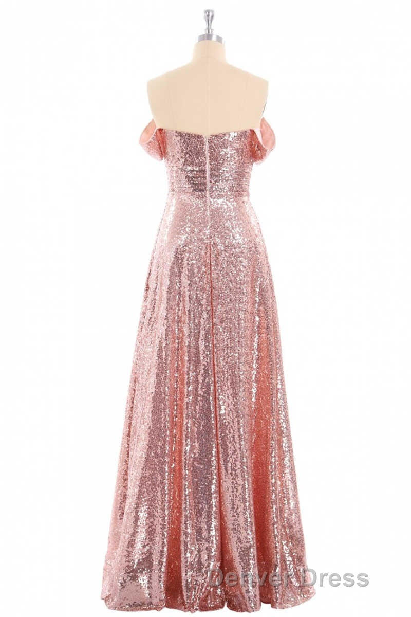 Rose Gold Sequin Off The Shoulder A Line Long Bridesmaid Dresses Secondary image