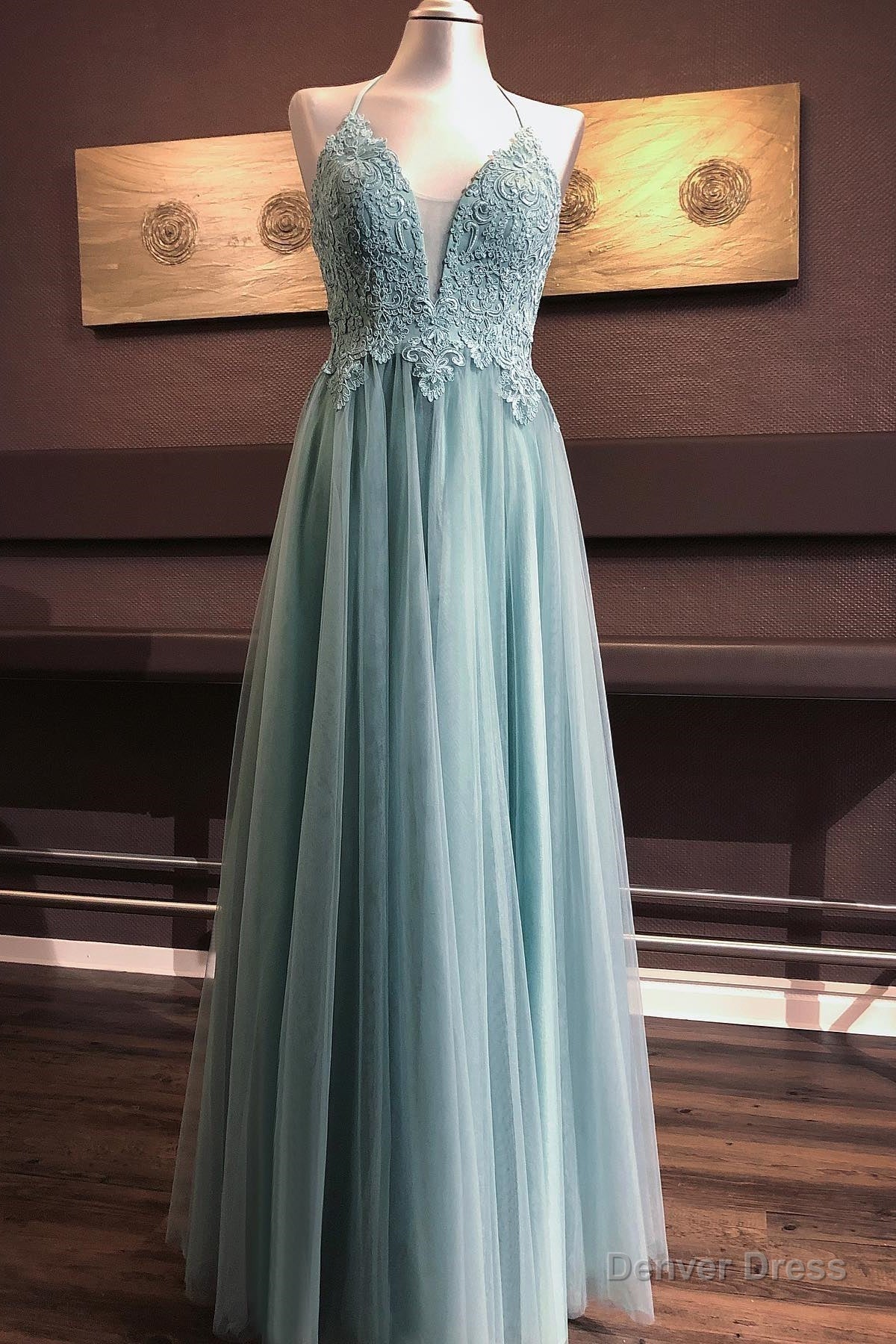 Dusty Green A-line V Neck Cross Back Appliques Tulle Long Prom Dress Main image
