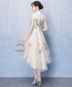 Unique Champagne Tulle Lace Applique Prom Dress