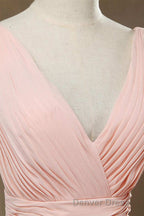Elegant Plush Pink V-Neck Open Back A-Line Long Bridesmaid Dresses