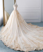 Unique Champagne Tulle Lace Long Wedding Dresses, Bridal Gown