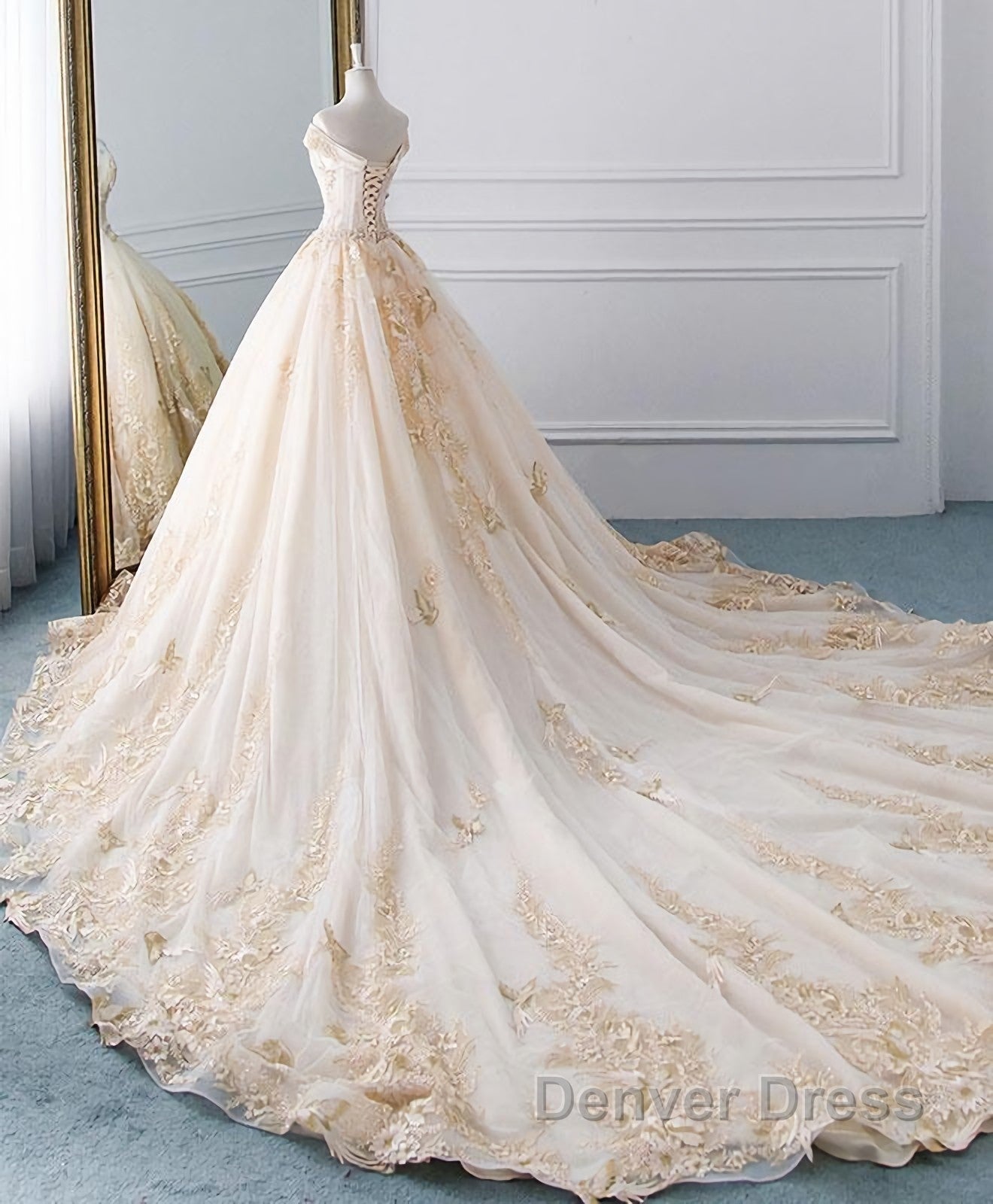 Unique Champagne Tulle Lace Long Wedding Dresses, Bridal Gown