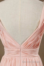 Elegant Plush Pink V-Neck Open Back A-Line Long Bridesmaid Dresses