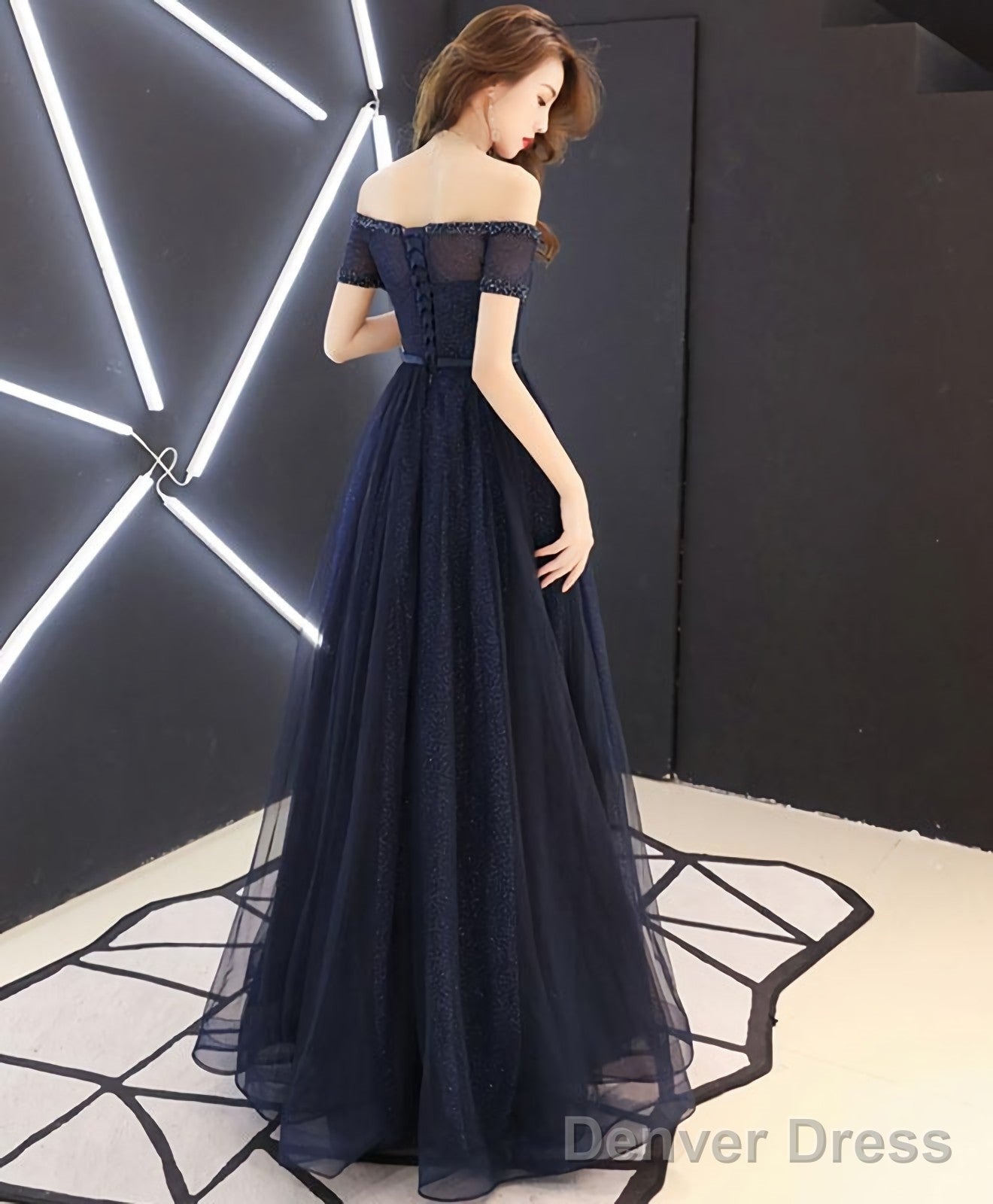 Dark Blue Tulle Long Prom Dress Blue Tulle Prom Dresses