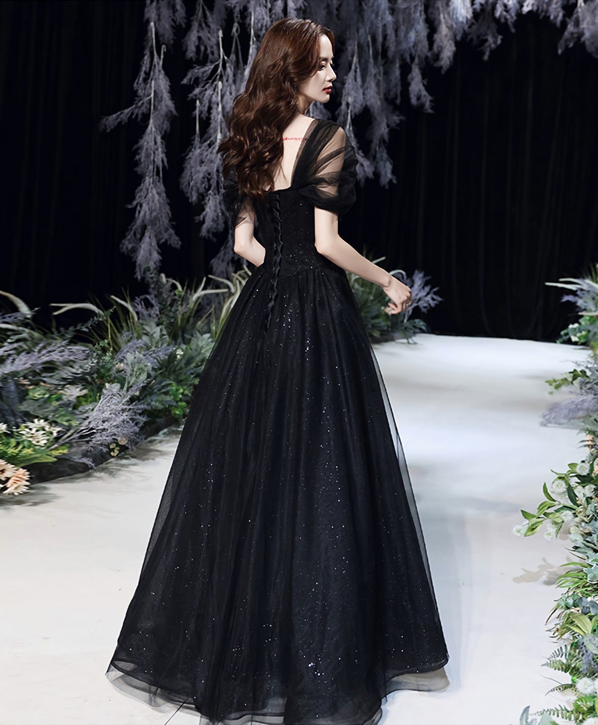 Black Tulle Lace Off Shoulder Long Prom Dress Black Prom Dresses