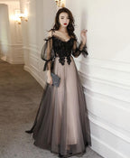 Black Tulle A Line Lace Long Prom Dress, Tulle Lace Prom Dresses